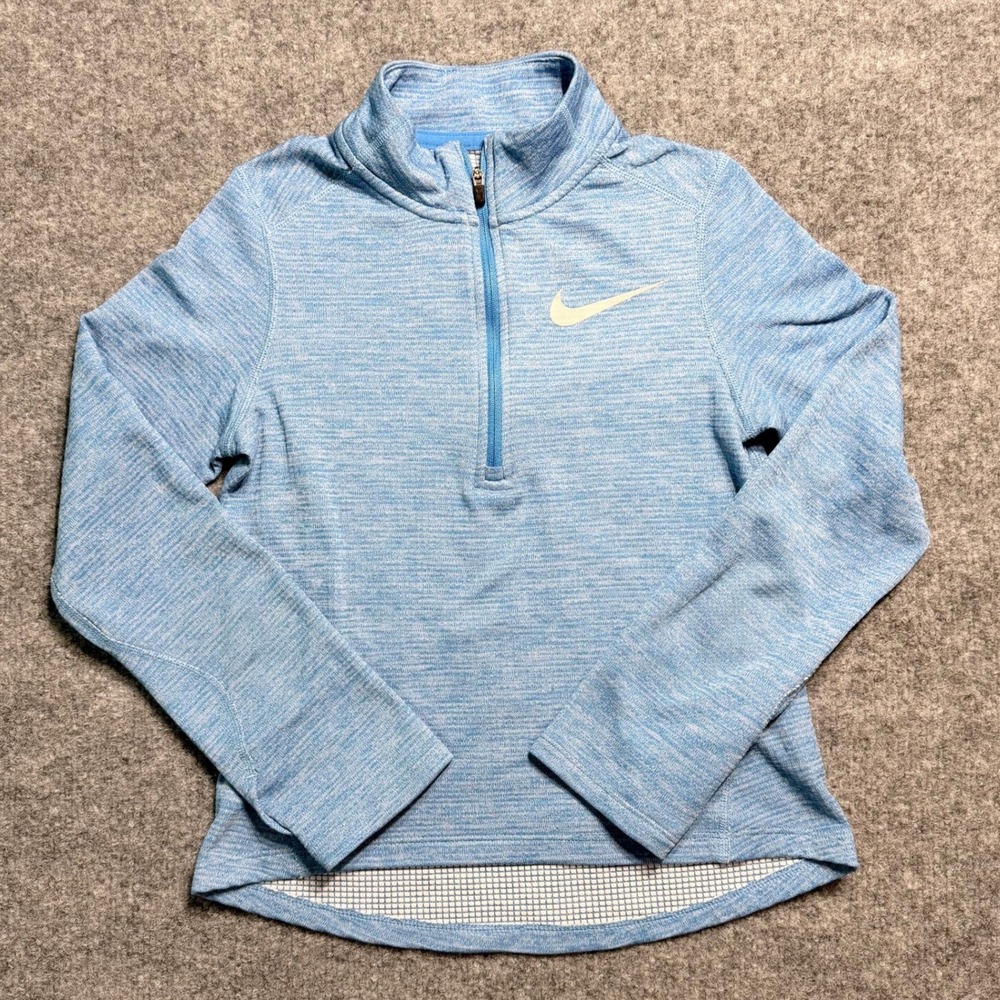 Nike Dri-FIT Girls M Blue Heather 1/4 Zip Running Pullover Thumbhol